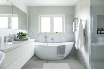 Elegant white bathroom with minimal design, cozy touches, and a relaxing atmosphere