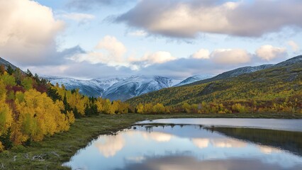 autumn mountain landscape with green forest and lake and sky and clouds