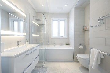 Minimalist white bathroom with cozy accents, clean lines, and soft lighting
