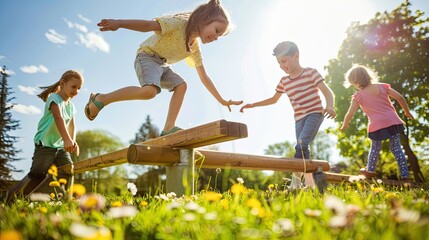 Two children running and playing on a balance beam at an outdoor playground on a sunny day. The kids are balancing and enjoying physical activity. Generative by AI