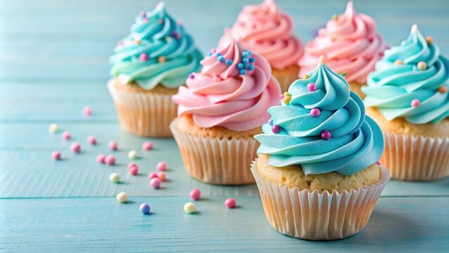 Pastel colored cupcakes decorated with blue and pink sprinkles, cupcakes, pastel, colors, sprinkles, blue, pink, dessert, bakery