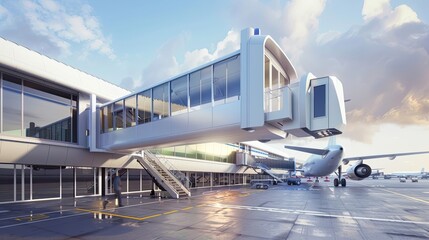 Commercial airplane docked at a jet bridge at an airport terminal under a bright blue sky. The aircraft is preparing for boarding with airport equipment. Generative by AI