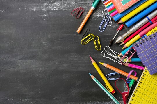 School supplies on a blackboard surface, back to school concept with copy space for educational messages