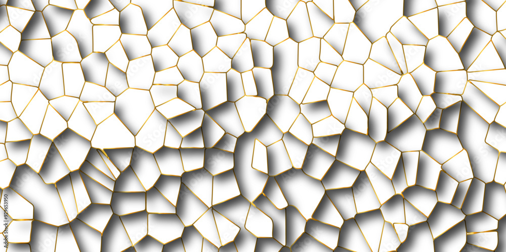 Poster Abstract white paper cut shadows background realistic crumpled decoration textured with multi layers.Broken tiles mosaic seamless pattern.white gravel with golden line wallpaper. vector illustration.	