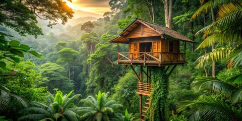 Secluded treehouse nestled in lush tropical rainforest, offering luxurious escapism, luxury, treehouse, tropical