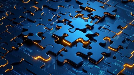 Search engine puzzle pieces, coming together with glowing edges, deep cyber blue, 3D illustration