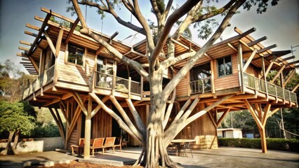 A Modern Treehouse Built Around a Large Tree
