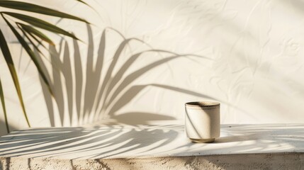 Minimal product display on smooth stone surface with palm leaves shadow, raw photo
