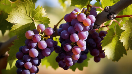 image of fresh grapes, on green leaves stock