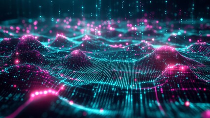 Obraz premium Digital search engine landscape, pixelated terrain, holographic data streams, bright magenta and teal tones, cyber landscape