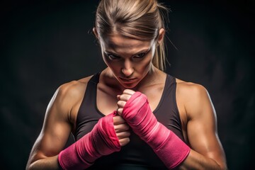 Determined athlete prepares for intense workout, wrapping hands with pink boxing wraps, showcasing strong fist and red nails against a dark black background.