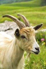 Goat with long horns closeup, grassy field on background