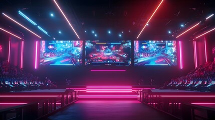 Exciting 3D Rendered Esports Arena with Vibrant Neon Lights Large Screens Displaying Intense Gameplay and an Enthusiastic Competitive Atmosphere