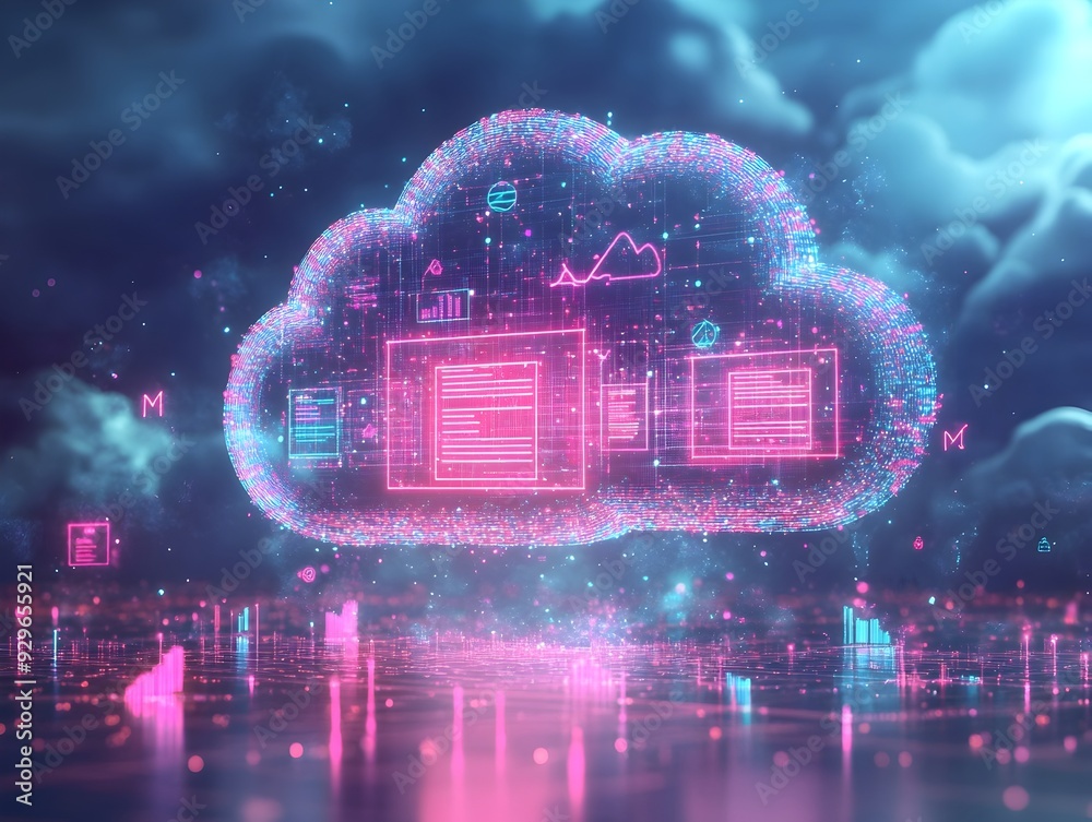 Poster of a cloud with digital data icons and arrows pointing in and out representing cloud storage and data transfer