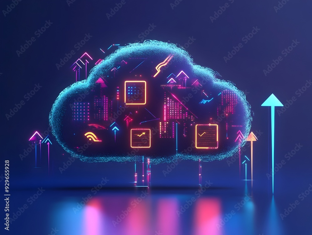Poster 3d rendered of a cloud with digital data icons and arrows pointing in and out representing cloud sto