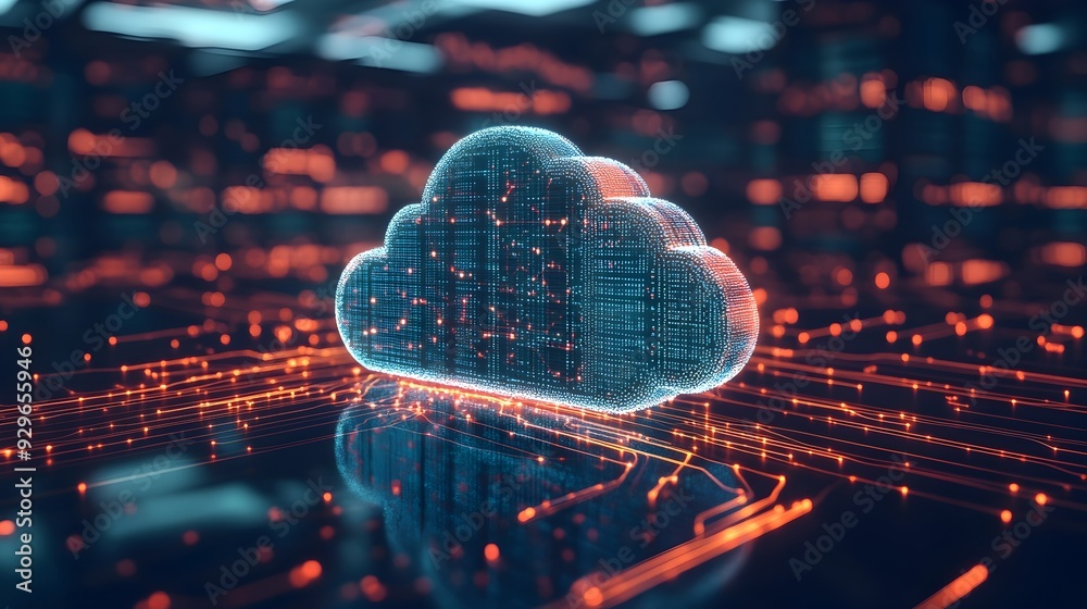 Poster a sleek and futuristic 3d rendered image depicting a cloud computing infrastructure with servers con