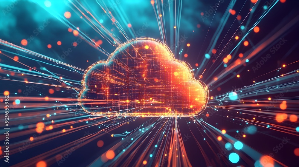 Poster sleek 3d rendered servers connected to futuristic cloud computing infrastructure with data flow visu