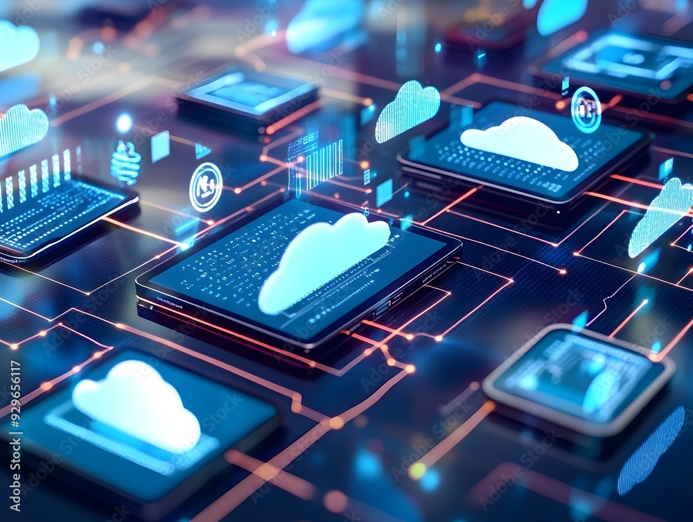 Poster seamless cloud computing network with connected devices for global communication and data synchroniz