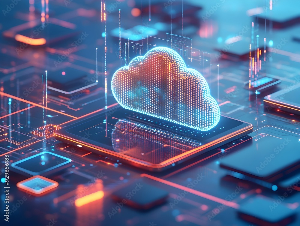 Poster seamless cloud computing network connecting smartphones tablets and laptops for efficient global dig