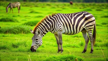 A zebra peacefully grazing in a lush green field, zebra, wildlife, animal, nature, striped, grassland, black and white, peaceful