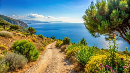 Obraz premium Plants growing next to a small backroad with a view of the ocean in Greece , Greece, backroad, plants, ocean, sea