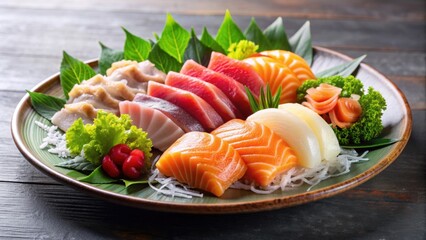 Mix of assorted Japanese sashimi and salmon sashimi on plate, Japanese, food, cuisine, raw, fresh, seafood, traditional