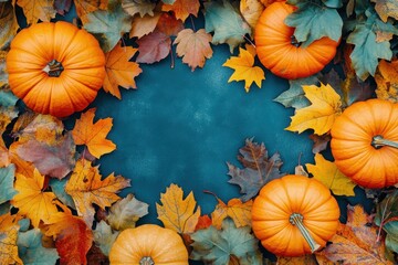 Thanksgiving banner for text. Vibrant autumn scene on pumpkins and leaves over black background.