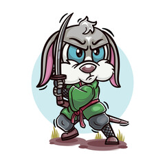 cute rabbit samurai cartoon character design illustration