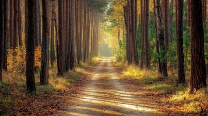 Obraz premium A serene forest path illuminated by autumn light, surrounded by tall trees and fallen leaves.