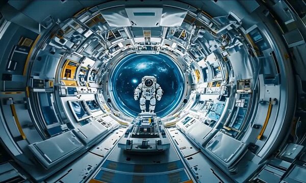 Astronaut in Futuristic Space Station Corridor