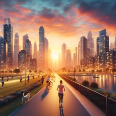 Obraz premium Sunrise Over a Modern Cityscape