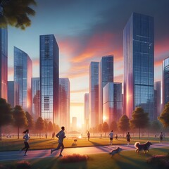 Obraz premium Sunrise Over a Modern Cityscape