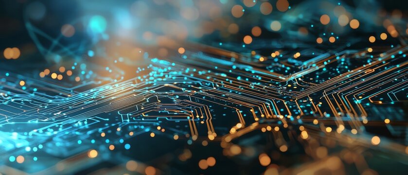 Circuit design with multiple wire layers and glowing traces, background, Generative AI - Powered by Adobe