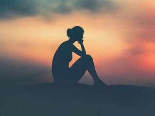 Pensive Silhouette in Thoughtful Solitude A minimalist 3D rendered figure sitting alone hand on chin in a classic thinking pose with a soft