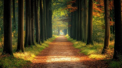 Fototapeta premium A serene forest path lined with trees and autumn foliage, inviting tranquility and exploration.