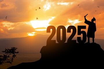 2025 New Year resolution.Silhouette Young man Graduation in 2025 years, education congratulation...