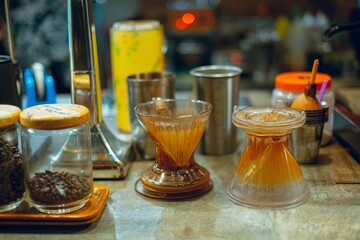 V60 coffee tools. Designed for manual pour-over style coffee brewing. Bokeh foreground and background.