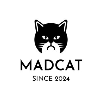 Cute serious mad cat face in simple minimalist elegant style for luxury fashion perfume brand logo icon