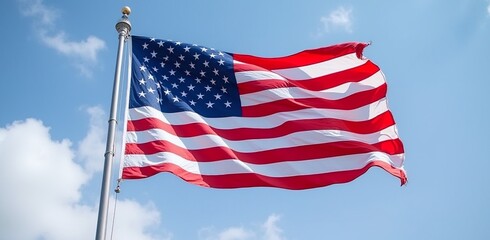 Fototapeta premium American flag waving, symbols of patriotism, independence, versatile for holidays, marketing campaigns, educational resources, copy space available.