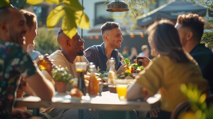 LGBTQ worker enjoying a casual lunch with coworkers, outdoor café setting, diverse group sharing a meal, relaxed and inclusive atmosphere, positive interactions, sunny day