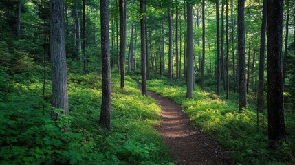 Obraz premium A serene forest path surrounded by lush greenery and tall trees.