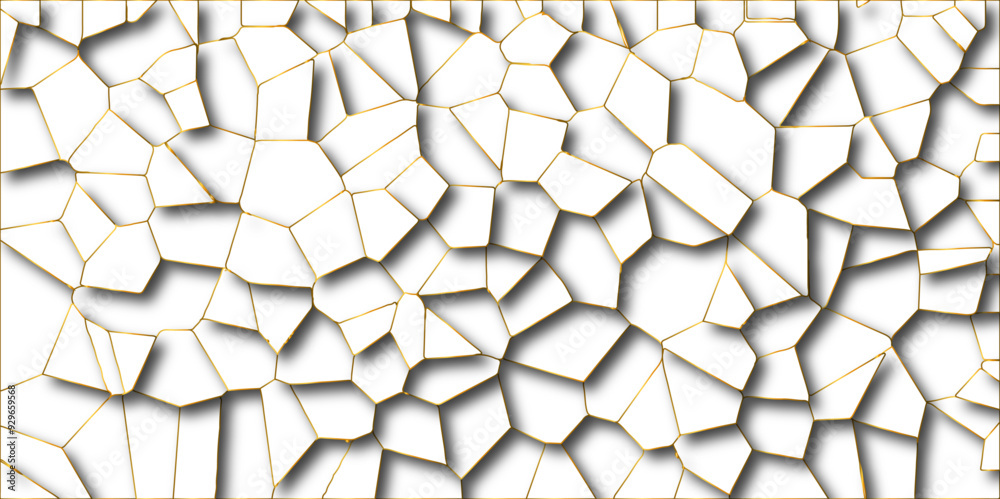 Poster Abstract white paper cut shadows background realistic crumpled decoration textured with multi layers.Broken tiles mosaic seamless pattern.white gravel with golden line wallpaper. vector illustration.	