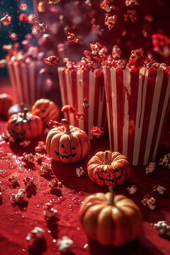Popcorn buckets with Halloween mini pumkins, slasher horror movie style