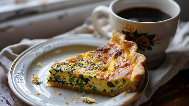 A cup of java is placed next to a slice of quiche on a plate