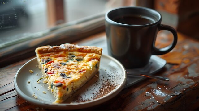 A cup of java is placed next to a slice of quiche on a plate