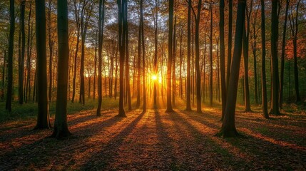 Fototapeta premium A serene forest scene at sunset, highlighting warm light filtering through trees.