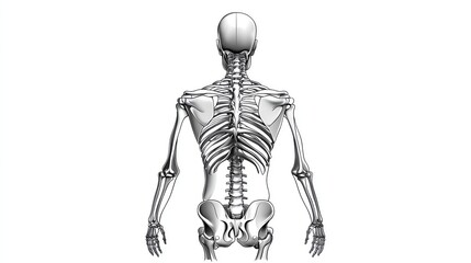 Rear view illustration of a human skeleton showcasing detailed bone structure for educational and medical purposes.