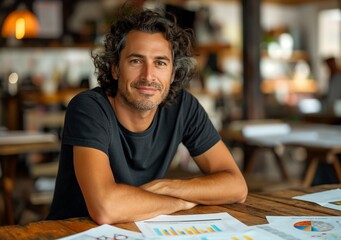 Fototapeta premium Attractive confident entrepreneur in his creative workspace, sitting at a table with graphs and diagrams on paper laying across it.