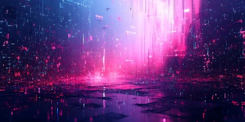 Abstract 3D Digital Cityscape with Pink and Blue Neon Lights