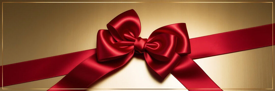 Vibrant red satin ribbon, intricately tied into a perfectly symmetrical bow, isolated Background , accented with a delicate golden thread that weaves through the center of the knot, adding a touch of.
